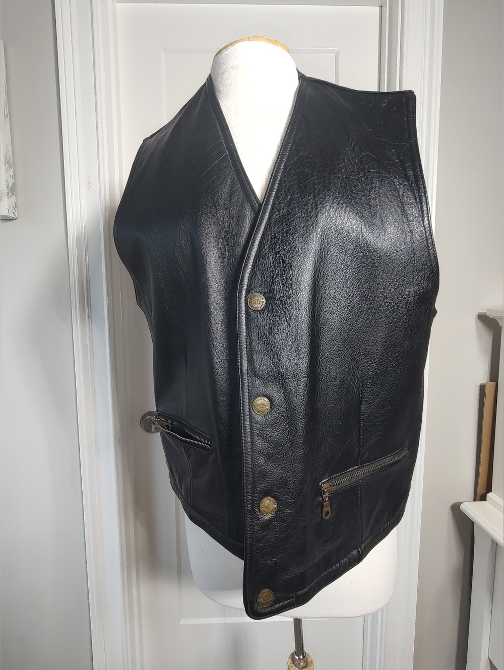 Structure Black Leather Vest with Brass Buttons